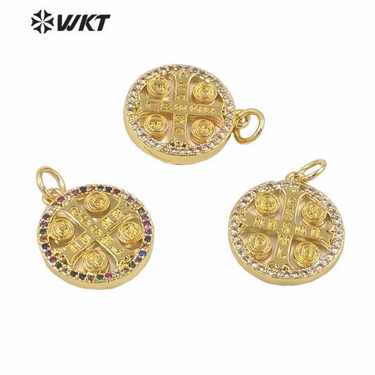 WT-MP154 New Hot Sales Gold Electroplated Round Tiny Religious Cross Pendant Women Fashion Jewelry Round Jesus Cross Pendants