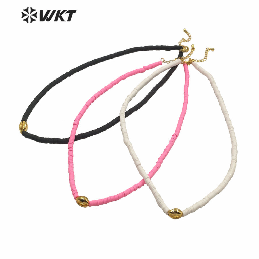 WT-JN125 HOT New Arrive 4mm Spacer Beads Choker Necklace Lady pink Color Cowrie Shell Choker Necklace with Charms
