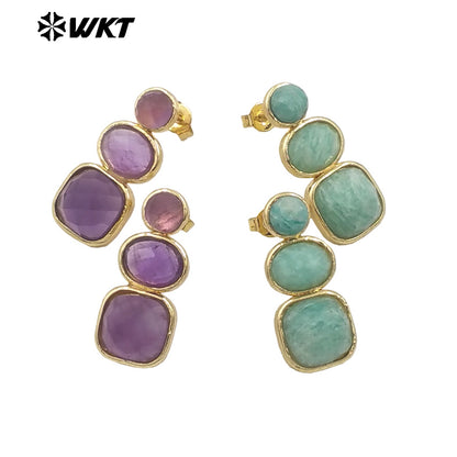 WT-E754 WKT Precious Triple Stone Assemble Handmade Setting Natural Amethyst Lapis Long Dangle Geometric Lady Earrings