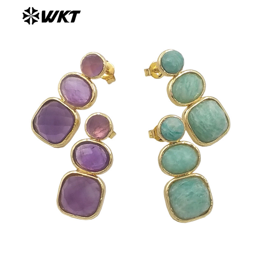 WT-E754 WKT Precious Triple Stone Assemble Handmade Setting Natural Amethyst Lapis Long Dangle Geometric Lady Earrings