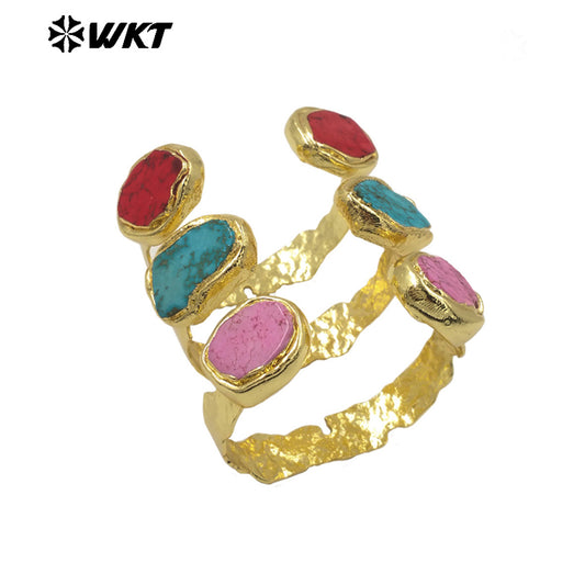WT-B694 Fashionable Couple Jewelry in Colorful Turquoise Grain Double Stone With 18k Gold Plated Can Be Adjustable Bangle