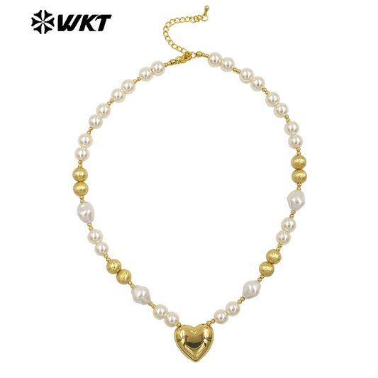 WT-JN286 New Product Lovely Natural Yellow Brass Artificial Pearl Love Shaped Necklace for Sweet Girls As Daily Matching Jewelry