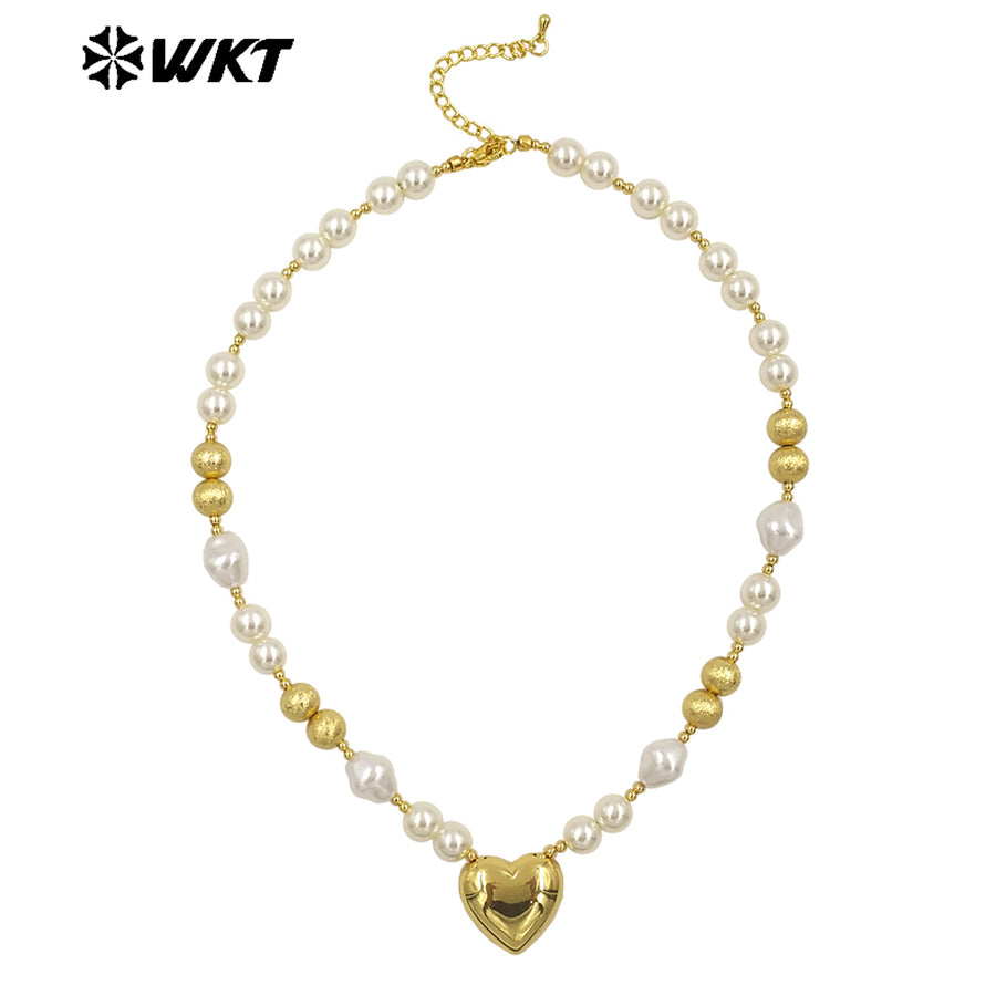 WT-JN286 New Product Lovely Natural Yellow Brass Artificial Pearl Love Shaped Necklace for Sweet Girls As Daily Matching Jewelry