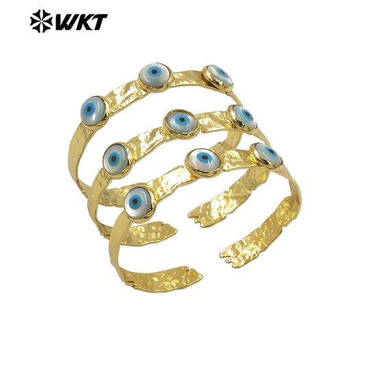 MPB113 Women Open Cuff Fashion Vintage Style Energy Religious Shell Turkey Eye Bangle for Women in 18K Real Gold Plated