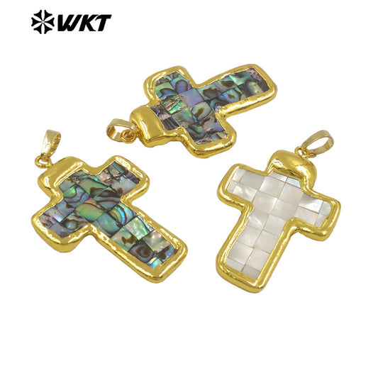 WT-JP407 Wholesale Newest Exquisite Pendant With Natural Abalone and White Shell Gold Edged Block Stitching Cross Shape DIY