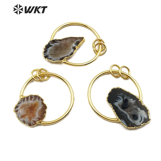 WT-P1455 Wholesale Natural Druzy Geode Agate Pendant with Golden Circle Women Necklace Ornaments Jewelry