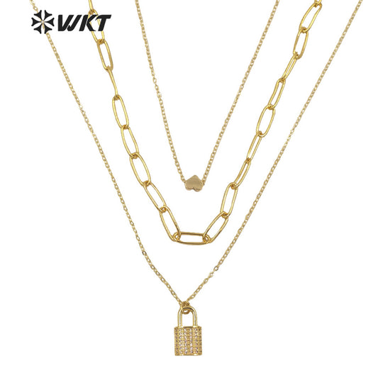 WT-N1304 New Bohemian 18k Real Gold Plated Resist Tarnish Triple Layer Chain Necklace Elegant Trend Gold Metal Choker Necklace