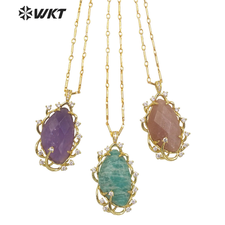 WT-N1351 Wholesale Fashion Gold Plated Natural Gemstone Bezel Setting Pendant Necklace Women Gorgeous Micro Pave Stone Necklace