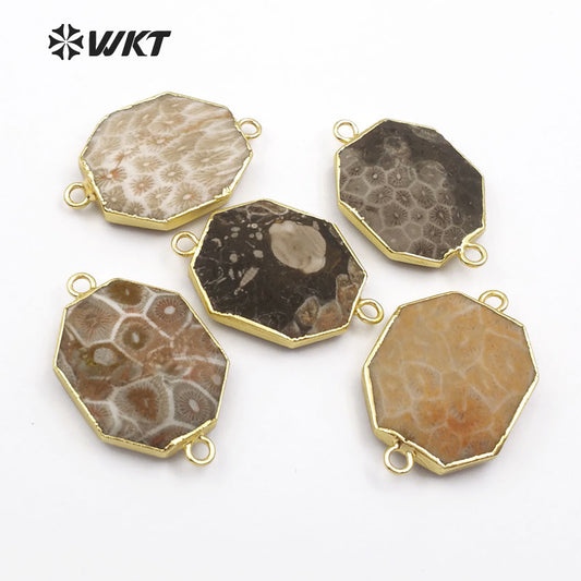 WT-C261 Gold Bezel Pendant Polygon Stone Chakra Collection for Women Jewelry Making Natural Ocean jasper Stone Connectors