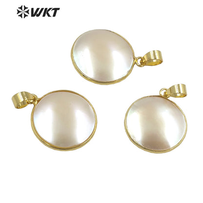 WT-JP354 Amazing Brightly Round Natural Mabe Gold Bezel Resist Tarnishable Shell Pendants for Necklace Design