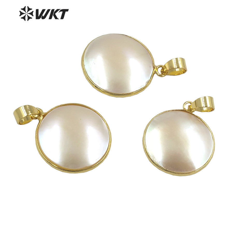WT-JP354 Amazing Brightly Round Natural Mabe Gold Bezel Resist Tarnishable Shell Pendants for Necklace Design