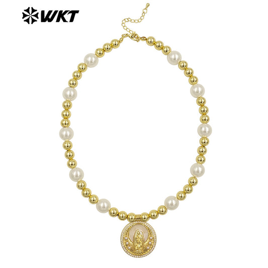 WT-JN304 Hot Sales 18K Gold Plated Natural Brass Round Beads Religious Bodhi Pearl Shell Necklace for Women As Daily Decoration