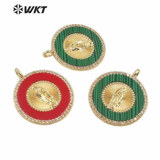 WT-MP272 Newest Vintage Style Ball Shaped Natural Malachite Stone &Cubic Zircon Madonna Design Pendant