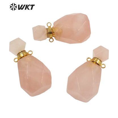 WT-P1628 New Populared Color Natural Rose Quartz Stone Perfume Bottle with Steel Jewelry Parts Women Hot Chic Faceted Bottle