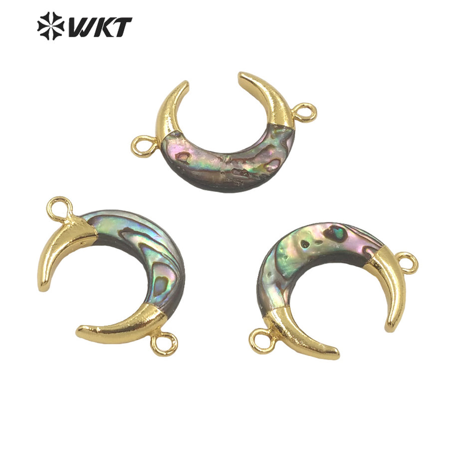 WT-JP271 New Color Fashion Gold Double Loops Natural Abalone Shell Small Crescent Horn Moon Connector for Bracelet Necklace
