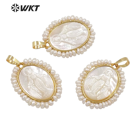 WT-JP253 WKT New Hot 18k Real Gold Bezel Handmade Pearl Wire Wrapped the Mother of Jesus Christ Virgen Marias Pendant in Shell