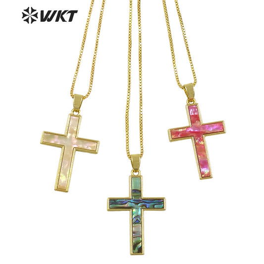 WT-JN277 Wholesale Amazing Christian Natural Shell Cross Pendant Necklace Gold Bezel Setting Unisex Jewelry