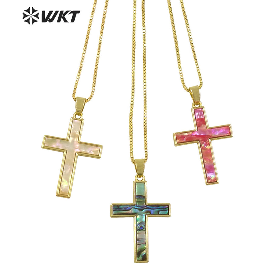 WT-JN277 Wholesale Amazing Christian Natural Shell Cross Pendant Necklace Gold Bezel Setting Unisex Jewelry