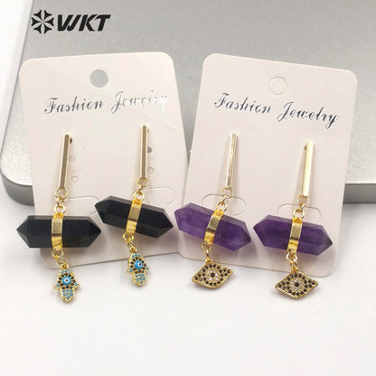 WT-E632 Fashion Double Point Crystal Quartz Bullet Shape Stone Earrings Round Eye Charm Earrings Lady Spirit Quartz Earring