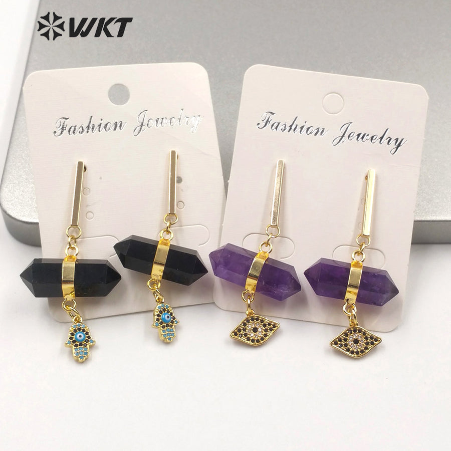 WT-E632 Fashion Double Point Crystal Quartz Bullet Shape Stone Earrings Round Eye Charm Earrings Lady Spirit Quartz Earring