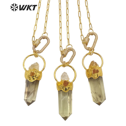 WT-N1273 Unique Gold Electroplated Yellow Crystal Stone Big Pendant Necklace Women Chunky Citrine Raw Stone Necklace