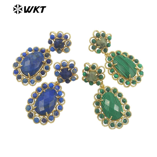 WT-E724 WKT Precious Natural Gemstone Carved with Wire Wrapped Tiny Stone Beads Made Earrings Charming Gorgeous Lapis Earrings