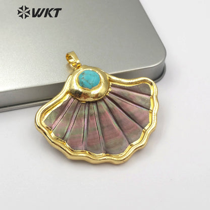 WT-JP102 Dark Shell Scalloped Top with Pearl or Turquoise Embellishment with Two Choices of Gold-plated Shell Pendants