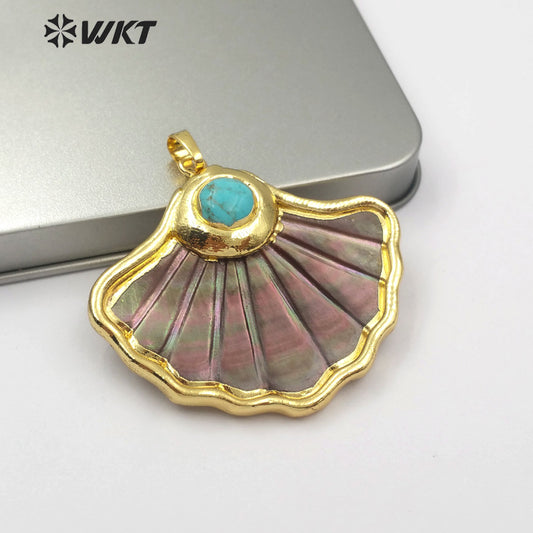 WT-JP102 Dark Shell Scalloped Top with Pearl or Turquoise Embellishment with Two Choices of Gold-plated Shell Pendants