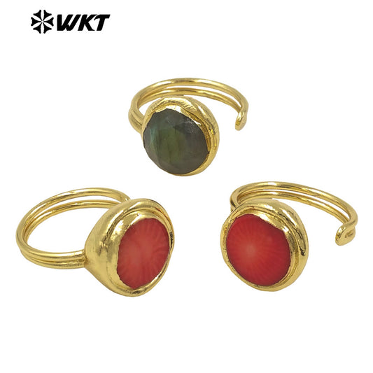 WT-R556 Wholesale 18K Gold Plated Round Red Coral and Black Labradorite Open Size Unisex Ring for Friends As Birthday Gifts
