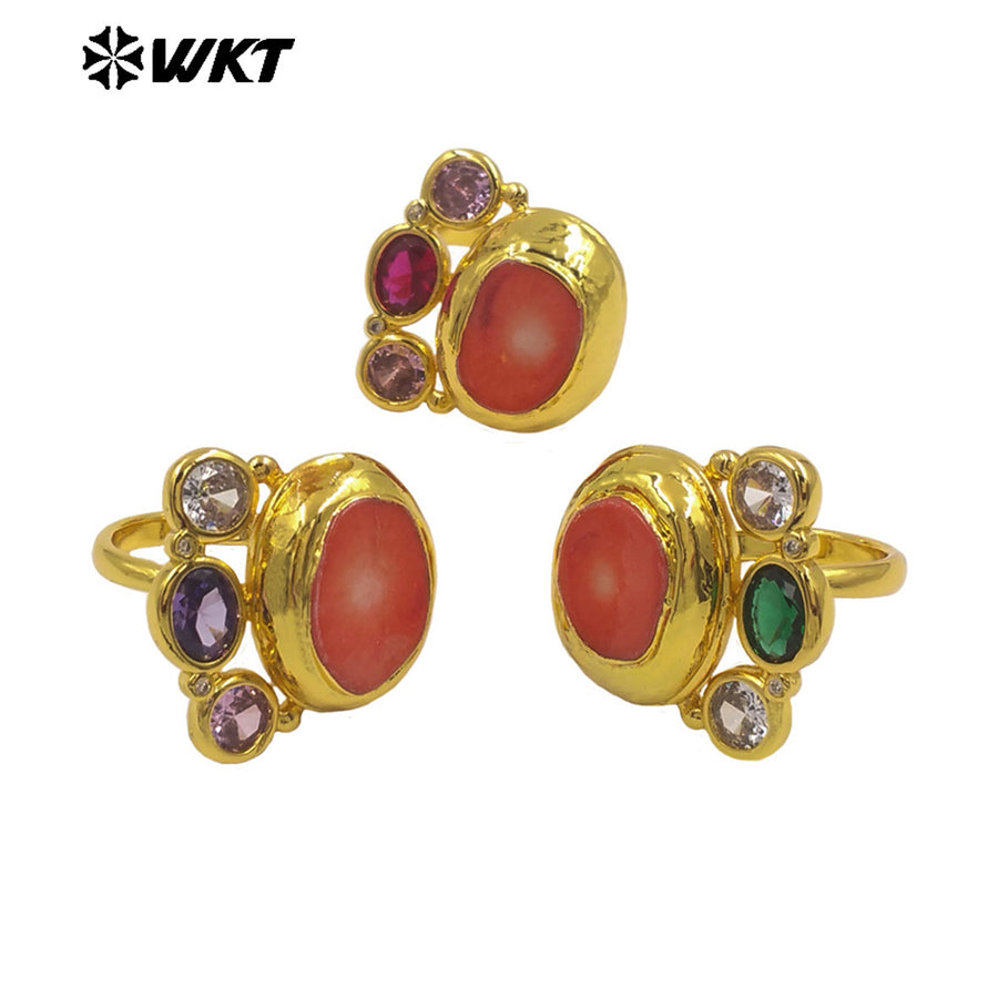 WT-MR041 18K Gold Plated Resist Tarnishable Cute Women Ring With Natural Red Coral And Colorful Cubic Zircon Adjustable