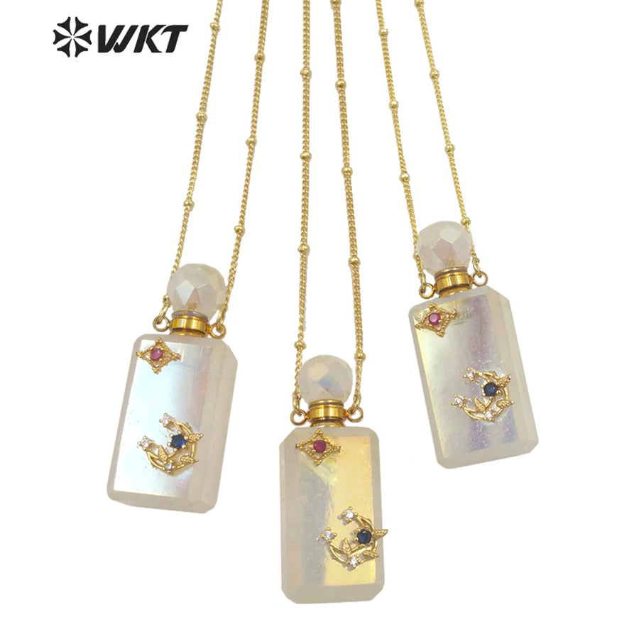 WT-N1352 WKT Shine and Bright Natural Stone Aura Quartz Perfume Bottle Necklace Beautiful Jewelry Pendant Chain Jewelry Wedding