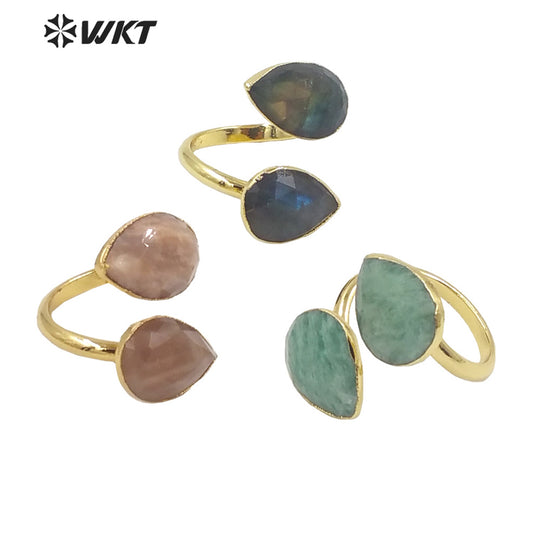 WT-R402 Adorable Labradorite Sun Stone Natural Stone Adjustable Ring Surface Smooth Unblemished Gemstone Ring