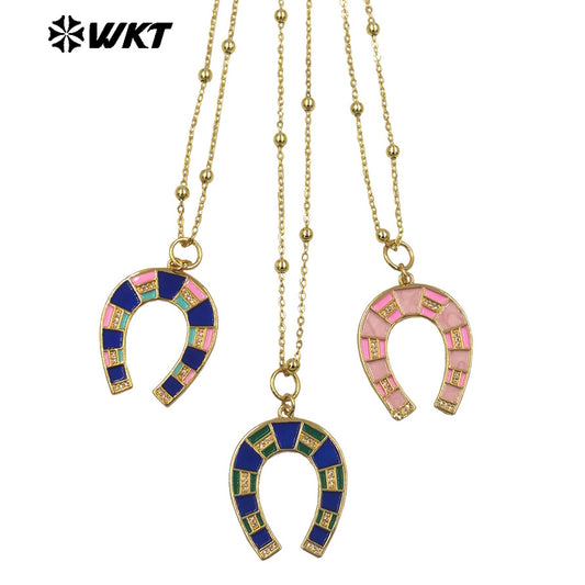 WT-N1517 Newest Design Gold Plated Chain With Colorful Drop Oil Letter U Shape Pendant Necklace For Women Unique Jewelry