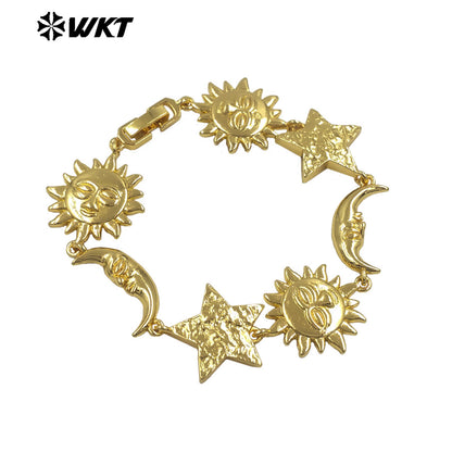 WT-JF373 Exquisite Gold Plated Metal Yellow Brass Moon Sun Star Charms Connected Bracelets For Friends Trendy Jewelry Gift