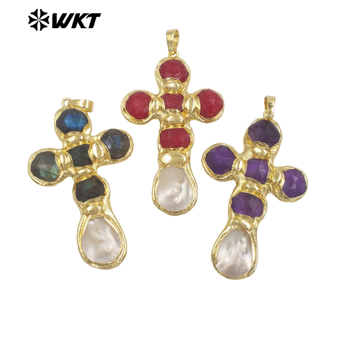 WT-JP449 Newest Labradorite Natural Stones And White Shell Spliced 18K Gold Plated Cross Pendants As Unique Jewelry Gift