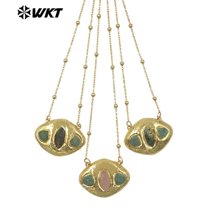 WT-N1529 Boutique 18K Gold Plated Thin Bead Chain With Three Natural Gemstones Pendant Necklaces As Women Elegant Jewelry