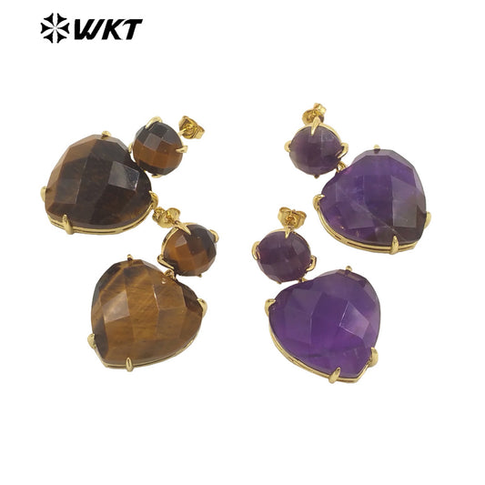 WT-E719 First Choice Hot Natural Gemstone Carved Heart Earrings for Lovers 18k Gold Plated Lapis Amethyst Stone Anniversary Stud