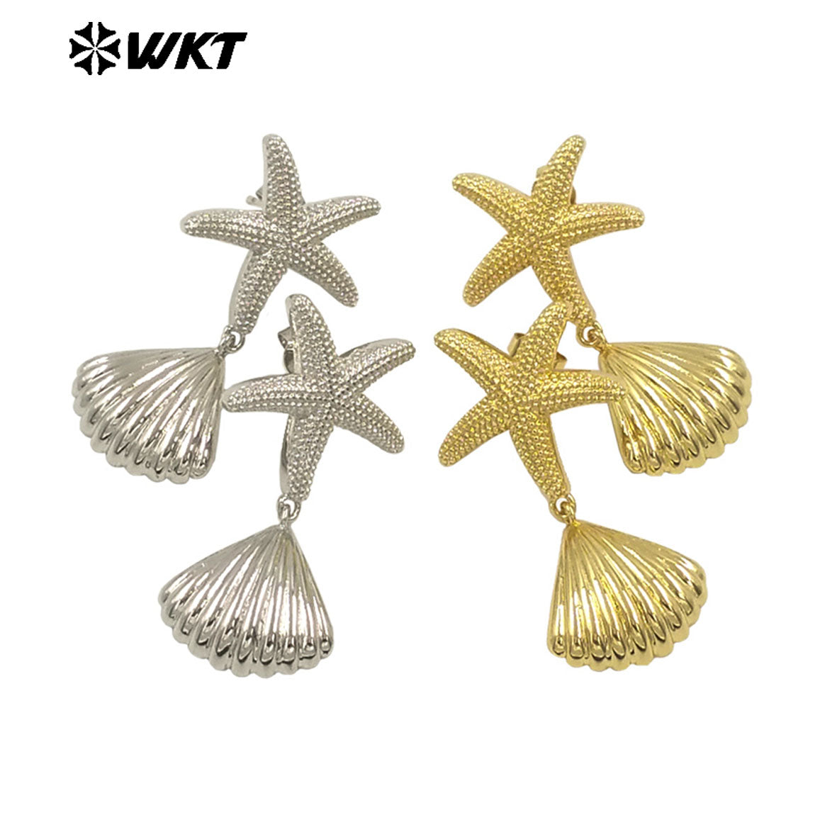 WT-E762 New Design 18K Gold Plated and Silver Star Shell Earrings Perfect for Women on the Beach As Daily Decoration and Gift
