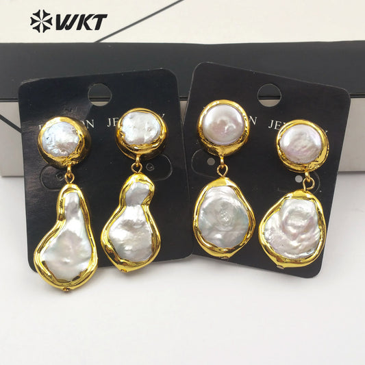 WT-E560 Wholesale Lady Jewelry Pearl Gold Plated Earrings Pear Shape Natural Freshwater Pearl Earrings
