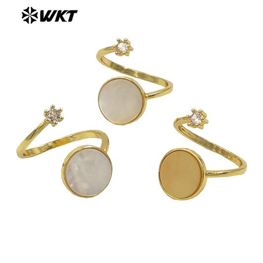 WT-MPR097 Wholesale Fashion Gold Plated Round Natural Shell Double Stone Jewelry Ring in 18K Brass Resist Tarnishable