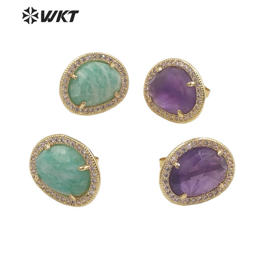 WT-ME085 WKT Natural Gemstone With Micropaved Cubic Zircon Studs Precious Birthday Stone Studs for Friend Gift