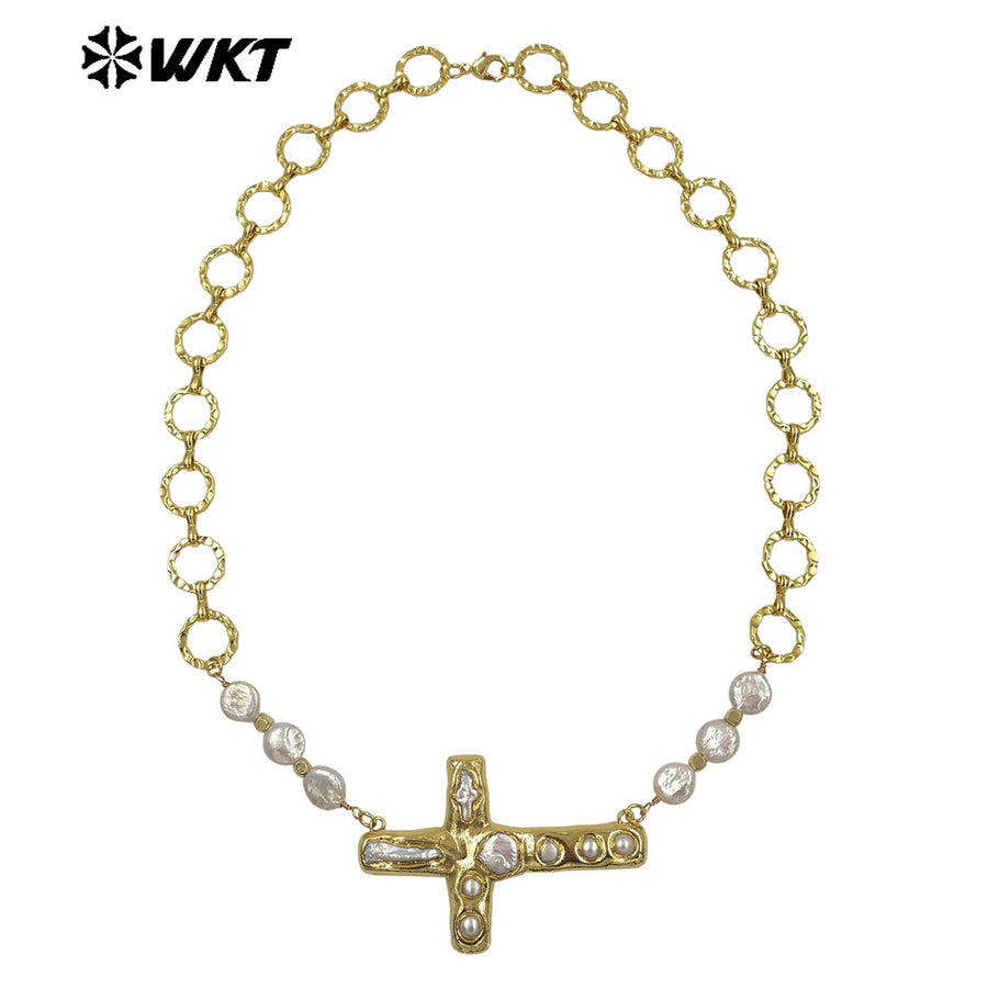 WT-JN369 Exclusive 18K Gold Electroplated Natural Freshwater Pearl Chain And Cross Pendant Necklace For Women Daily Matching