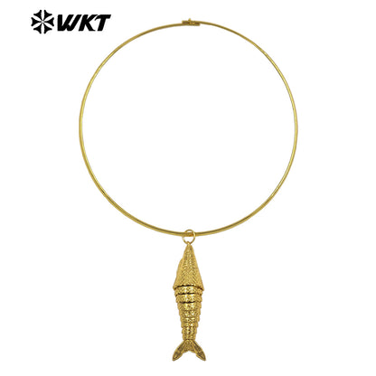 WT-N1540 Popular Vintage Style Gold Plated Choker With Yellow Brass Metal Fish Pendant Necklace For Friends Birthday Gift