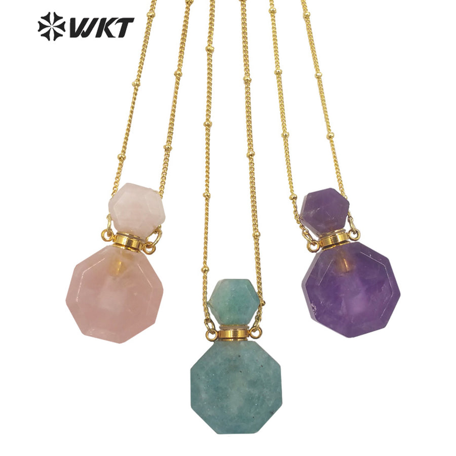 WT-N1356 WKT Colorful Delicate Natural Stone Perfume Bottle Perfume Necklace Pink Quartz Amethyst Amazonites Pendant for Women