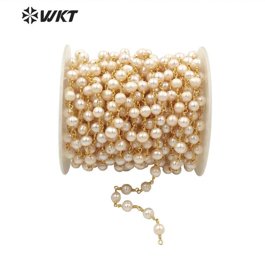 WT-RBC032 WKT Wholesale New Fashion Brass Color 5-6mm Freshwater Pearl Rosary Chain