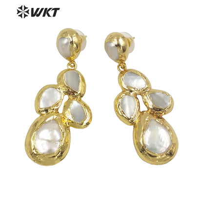 WT-E496 Gold Electroplated Pearl Jewelry for Wedding Jewelry Irregular Shape Pearl Drop Earring Freshwater Pearl Earring