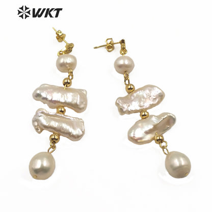 WT-MPE015 Wholesale Elegant Freshwater Pearl Long Earring Real Gold Plated Lady Charm Jewelry Natural Pearl Dangling Earring