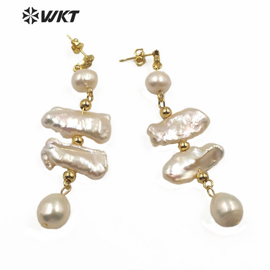 WT-MPE015 Wholesale Elegant Freshwater Pearl Long Earring Real Gold Plated Lady Charm Jewelry Natural Pearl Dangling Earring