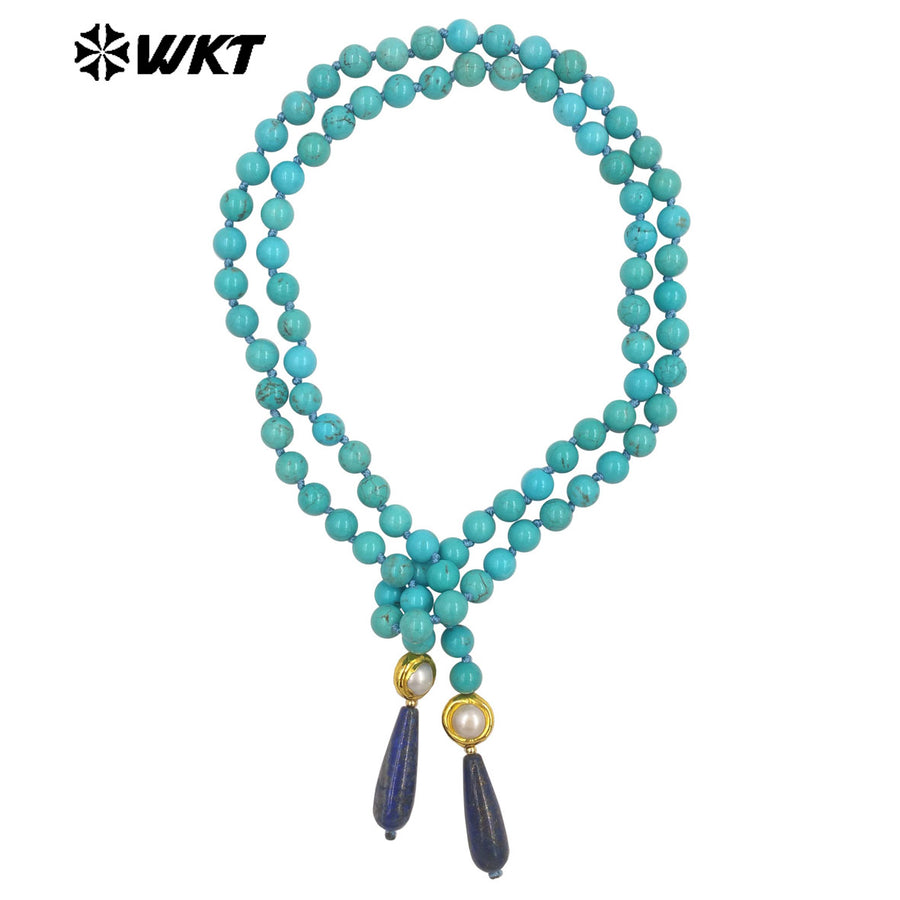 WT-N1501 Gorgeous Natural Turquoise Stone Beads And Gold Plated Pearl With Lapis Pendant Necklace As Women Trendy Accessories