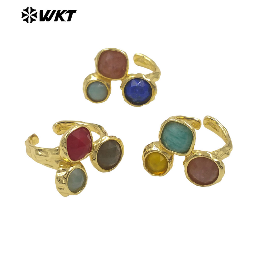 WT-R590 Boutique Fashion Gold Plated Three Natural Gemstones Triangle Adjustable Rings For Female Birthday Gift Accessories
